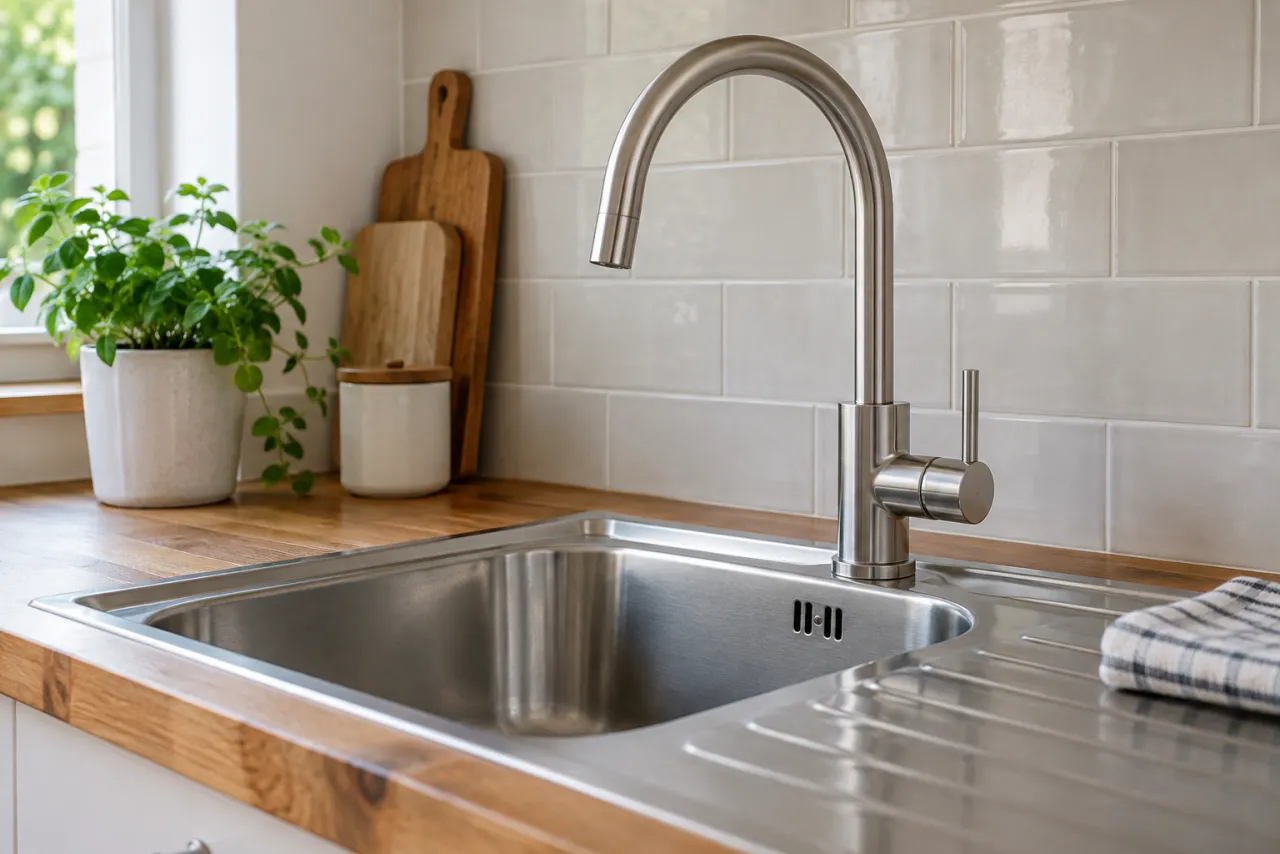 Kitchen mixer tap and stainless-steel sink after a repair
