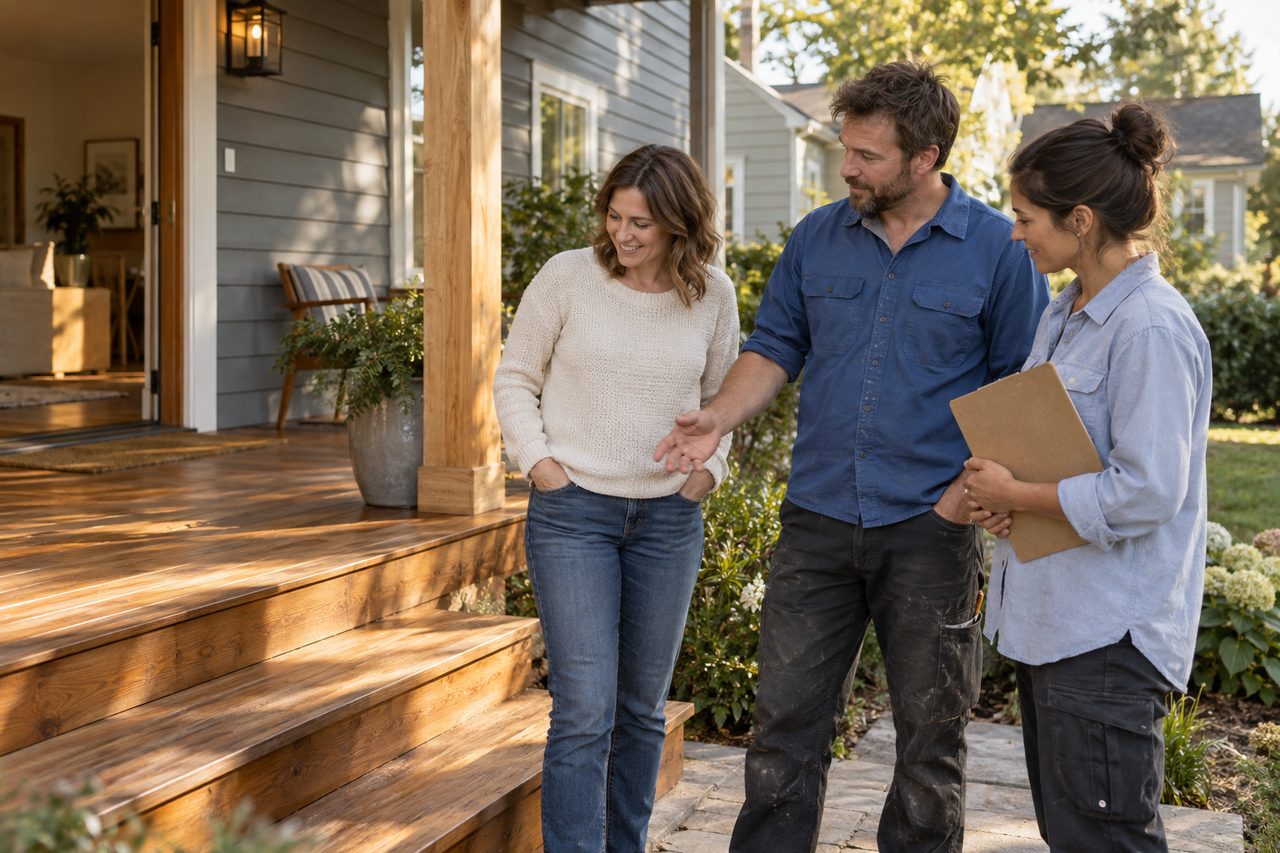 A homeowner and contractors discussing a home project.