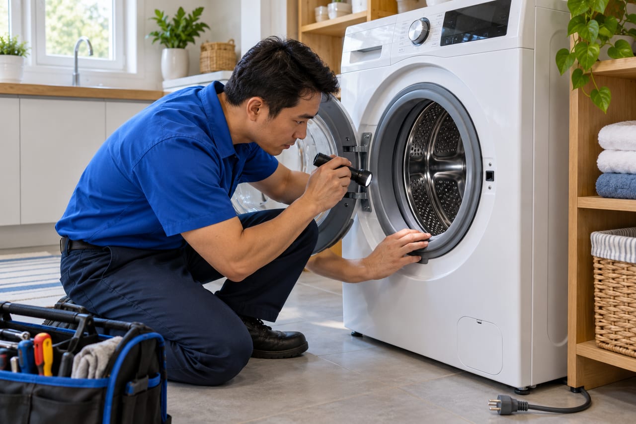 An appliance technician inspecting a front-loading washing machine