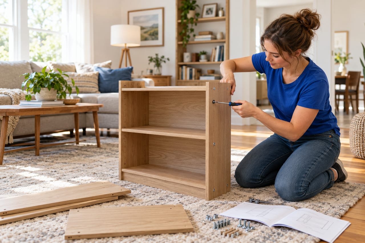 A furniture professional assembling a wooden bookcase in a living room