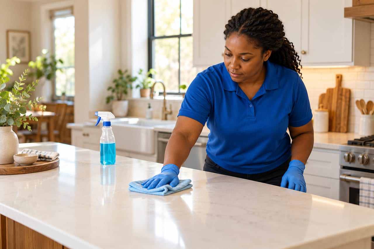 A cleaning professional wiping a kitchen counter with a microfiber cloth