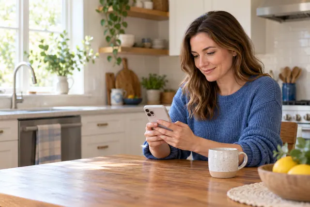 A homeowner using her phone to arrange help from her kitchen table