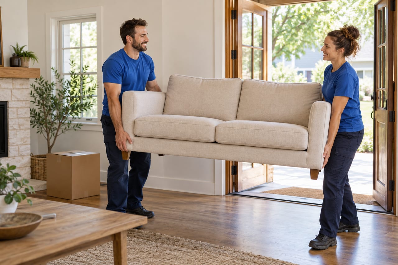 Two movers carefully carrying a sofa together through a doorway