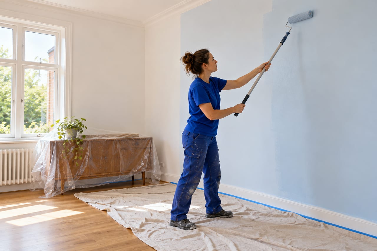 A painter applying pale-blue paint to an interior wall with a roller