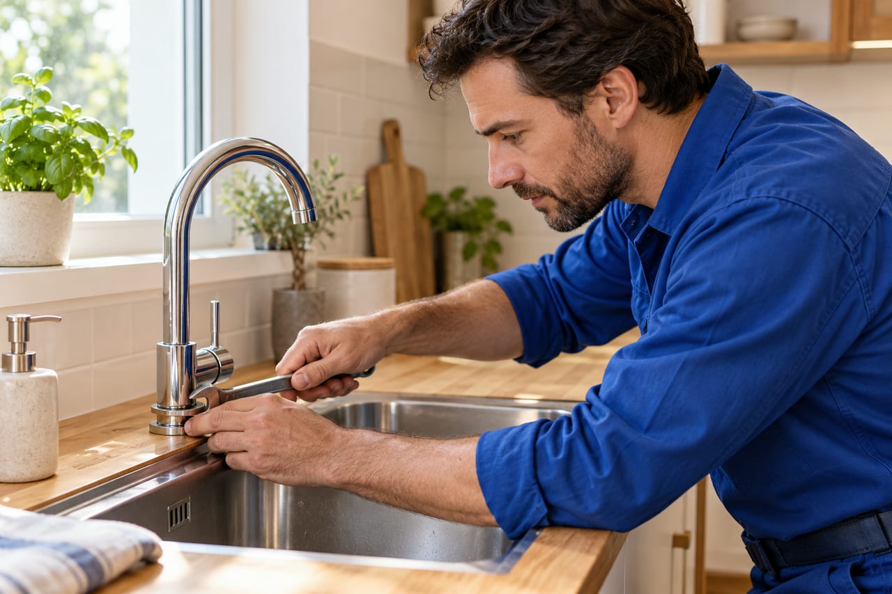 A plumbing professional inspecting a kitchen tap with a hand tool