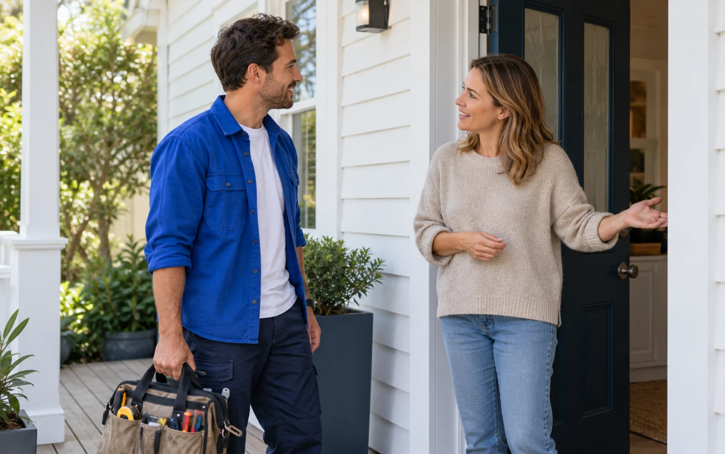A contractor and homeowner discussing a home project together