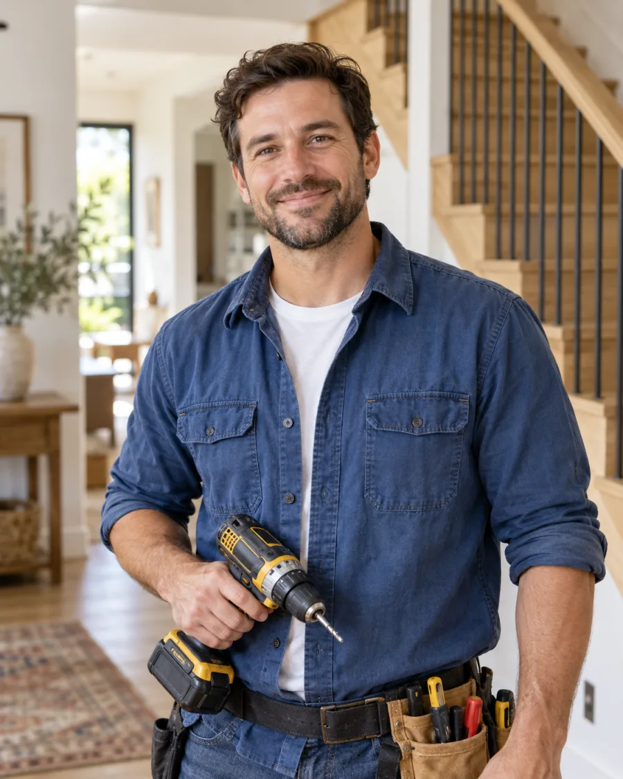 A home repair professional in blue workwear holding a drill