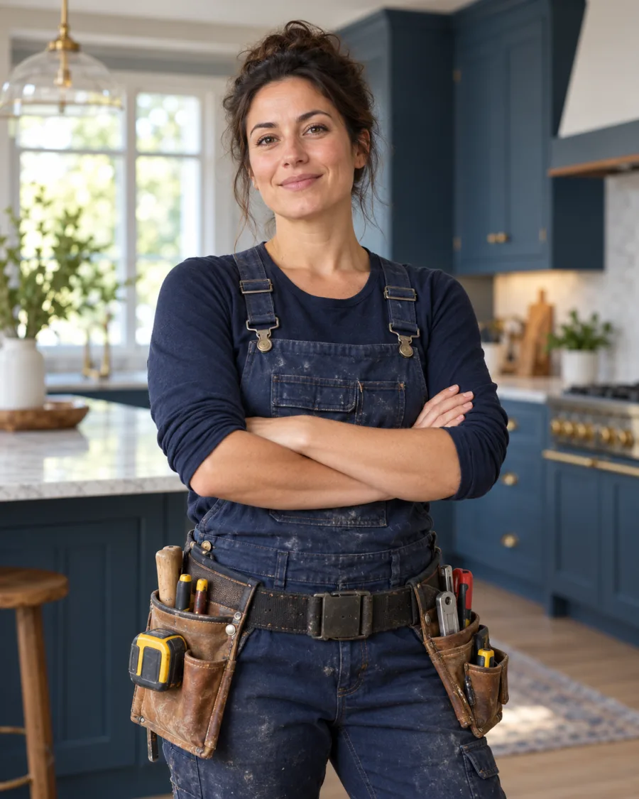 A skilled carpenter in navy workwear in a finished residential kitchen