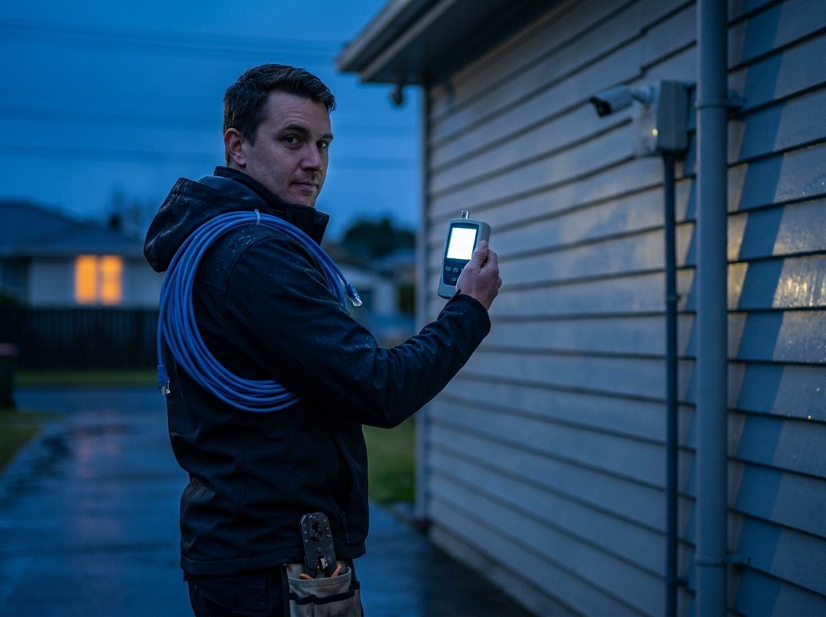 A technician checking a home network connection.